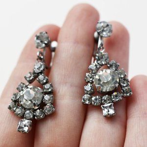 Large rhinestone dangle earrings silver tone, cute fancy retro earrings